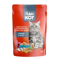 Корм для кошек влажный с рыбой в соусе, 100г (пауч), ТМ Пан Кот, Украина