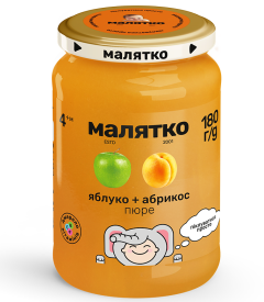 Пюре яблуко-абрикос, 180г (скло), ТМ Малятко, Україна