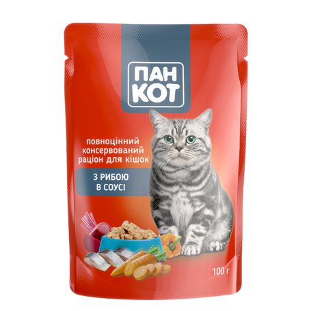 Корм для котів вологий з рибою в соусі, 100г (пауч), ТМ Пан Кот, Україна