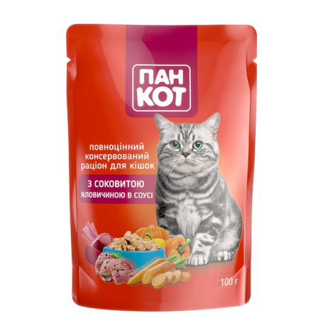 Корм для котів вологий з яловичиною в соусі, 100г (пауч), ТМ Пан Кот, Україна