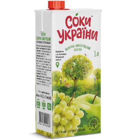 Сік яблучновиноградний нектар, 1л, ТМ Соки України, Україна