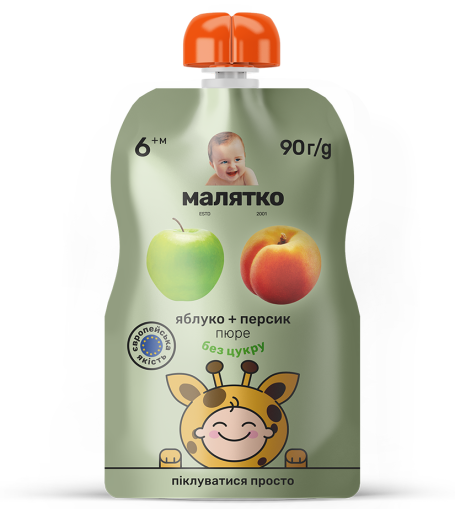 Пюре яблоко-персик, 90г, ТМ Малятко, Украина